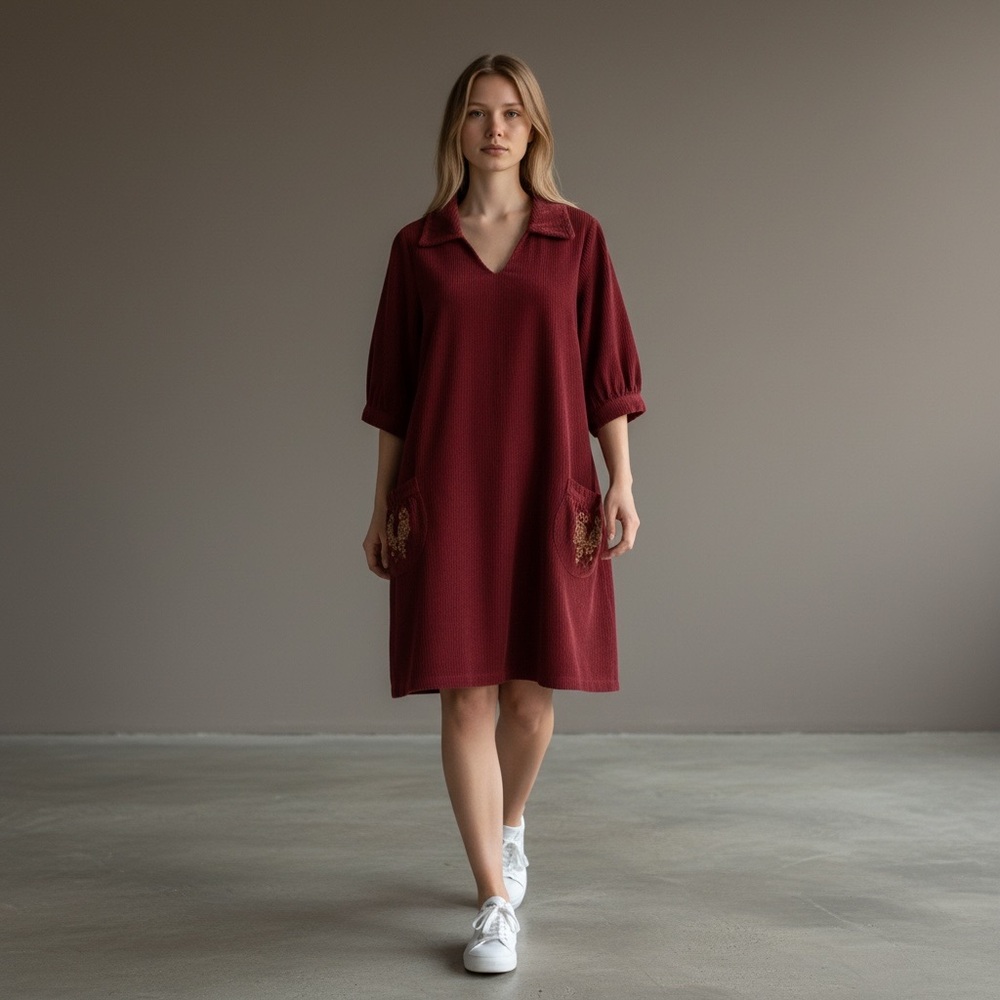 EUC Vintage April Cornell Red Corduroy Dress with Embroidered Pockets Size XL - Picture 7 of 9